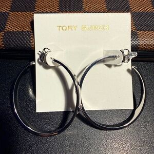 Tory Burch Shiny Silver Hoop Earrings